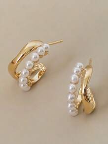 1 Pair French Pearl Stud Earrings, Luxurious Minimalist Design Earrings For Women