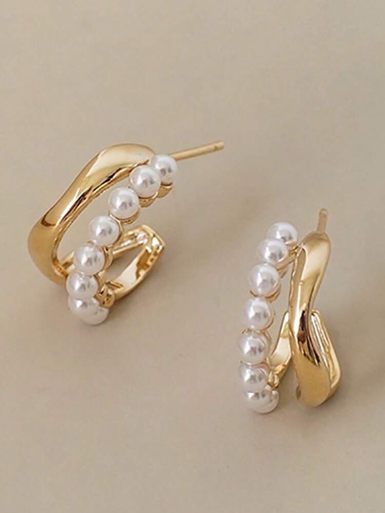 1 Pair French Pearl Stud Earrings, Luxurious Minimalist Design Earrings For Women