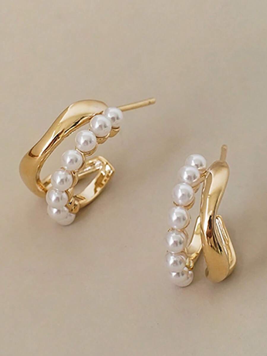 1 Pair French Pearl Stud Earrings, Luxurious Minimalist Design Earrings For Women