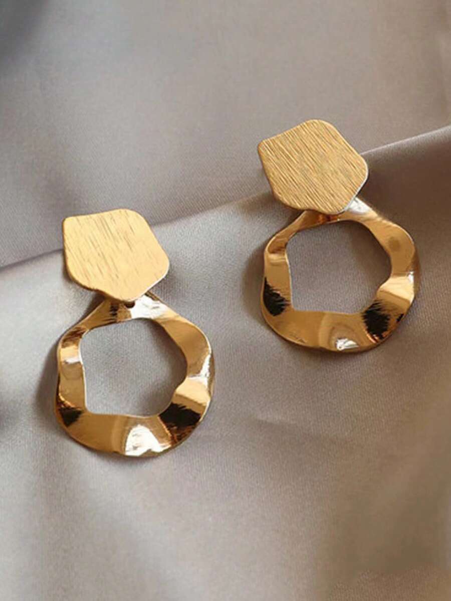 1 Pair Fashionable Asymmetrical Metal Circle Dangle Earrings, Suitable As Gift For Friends - Yellow Gold - View 1