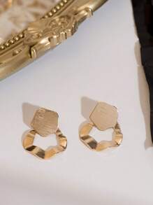 1 Pair Fashionable Asymmetrical Metal Circle Dangle Earrings, Suitable As Gift For Friends - Yellow Gold - View 2