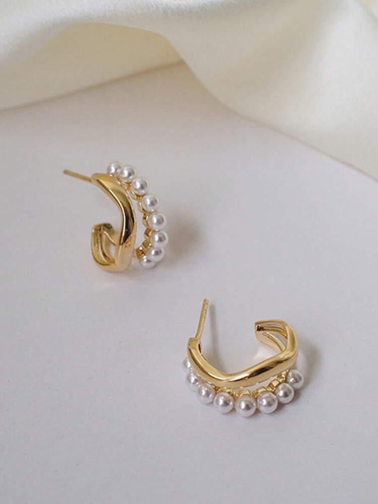 1 Pair French Pearl Stud Earrings, Luxurious Minimalist Design Earrings For Women