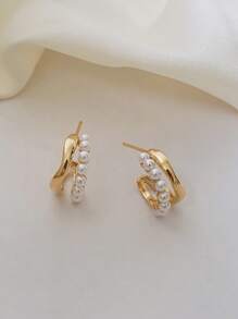 1 Pair French Pearl Stud Earrings, Luxurious Minimalist Design Earrings For Women