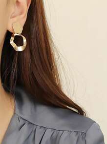 1 Pair Fashionable Asymmetrical Metal Circle Dangle Earrings, Suitable As Gift For Friends - Yellow Gold - View 4
