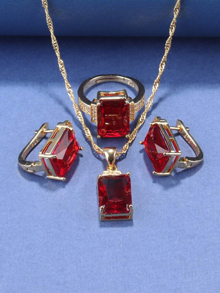 3 Cái/bộ Hình Vuông Bộ Trang Sức Nữ Bao Gồm Bông Tai Kẹp, Vòng Cổ Và Nhẫn Cho Đám Cưới, Dự Tiệc - Màu Đỏ Sâu - Xem 1