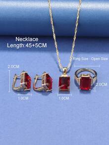 3 Cái/bộ Hình Vuông Bộ Trang Sức Nữ Bao Gồm Bông Tai Kẹp, Vòng Cổ Và Nhẫn Cho Đám Cưới, Dự Tiệc - Màu Đỏ Sâu - Xem 3