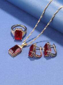 3 Cái/bộ Hình Vuông Bộ Trang Sức Nữ Bao Gồm Bông Tai Kẹp, Vòng Cổ Và Nhẫn Cho Đám Cưới, Dự Tiệc - Màu Đỏ Sâu - Xem 4