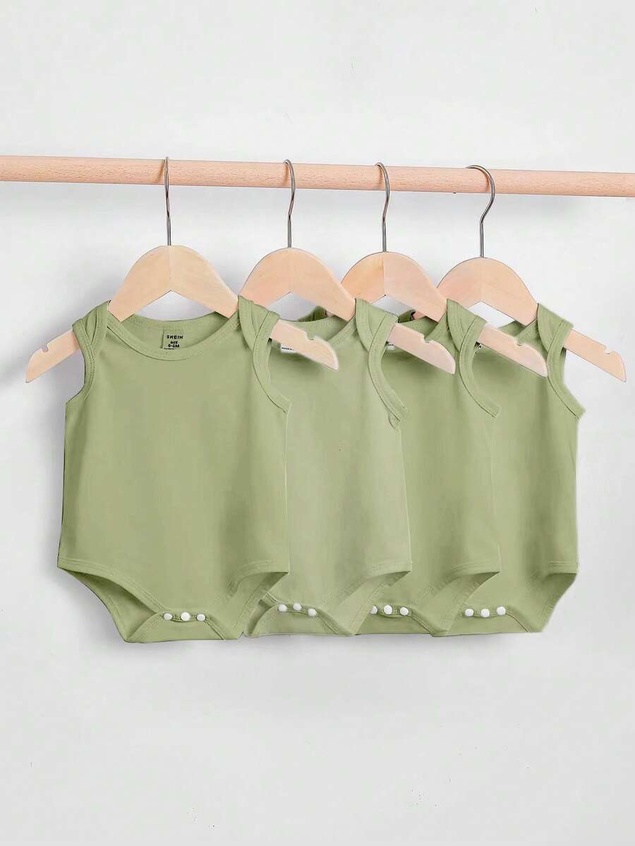 Newborn Baby 4pcs Solid Tank Bodysuit - Green - View 1