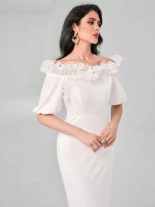 Modelyn 一字肩荷葉邊後背開衩洋裝不附腰帶 - 白色 - 查看 6