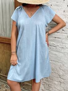 SHEIN Frenchy Đầm Plus Size Nút màu trơn Giải trí - Màu xanh nhạt - Xem 3