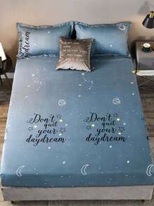 1pc Slogan & Galaxy Pattern Fitted Sheet, Modern Fabric Anti-slip Fitted Bottom Sheet For All Season - Multicolor - View 1