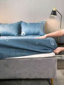 1pc Slogan & Galaxy Pattern Fitted Sheet, Modern Fabric Anti-slip Fitted Bottom Sheet For All Season - Multicolor - View 4