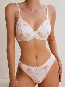 Floral Print Underwire Lingerie Set - Beige - View 5