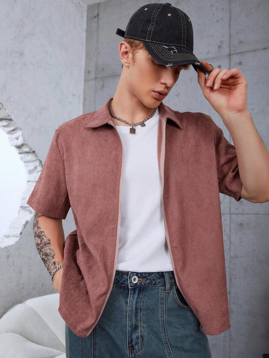 Manfinity 男士素色拉鏈開襟襯衫 - 紅木色 - 查看 1