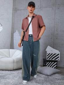 Manfinity 男士素色拉鏈開襟襯衫 - 紅木色 - 查看 5