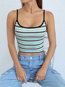 SHEIN EZwear Red Day And Pride Month Rainbow Striped Knitted Women Camisole Tank Top - Mint Green - View 1