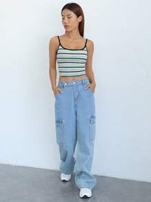 SHEIN EZwear Red Day And Pride Month Rainbow Striped Knitted Women Camisole Tank Top - Mint Green - View 4