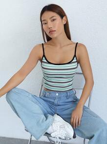 SHEIN EZwear Red Day And Pride Month Rainbow Striped Knitted Women Camisole Tank Top - Mint Green - View 6
