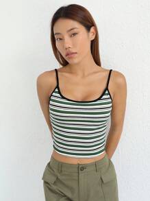 SHEIN EZwear Áo khoác và áo lót dành cho xe tăng nữ Lộ Lưng Gân đan Tương phản ràng buộc Sọc Giải trí - màu xanh lá - Xem 5