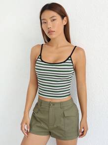SHEIN EZwear Áo khoác và áo lót dành cho xe tăng nữ Lộ Lưng Gân đan Tương phản ràng buộc Sọc Giải trí - màu xanh lá - Xem 6