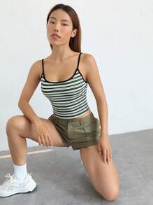 SHEIN EZwear Áo khoác và áo lót dành cho xe tăng nữ Lộ Lưng Gân đan Tương phản ràng buộc Sọc Giải trí - màu xanh lá - Xem 7