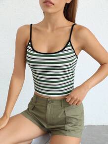 SHEIN EZwear Áo khoác và áo lót dành cho xe tăng nữ Lộ Lưng Gân đan Tương phản ràng buộc Sọc Giải trí - màu xanh lá - Xem 8