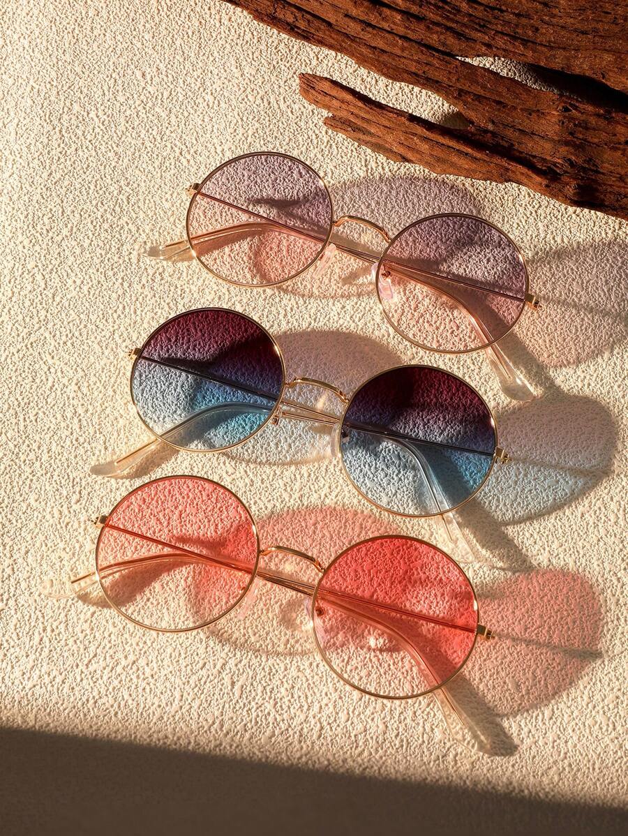 3對男女適用復古圓框時尚太陽眼鏡，經典復古設計款式，適用於戶外、海灘配件 - 金色 - 查看 1