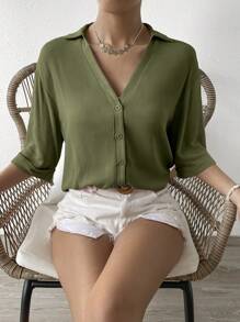 SHEIN Essnce Áo sơ mi nữ Nút phía trước màu trơn Giải trí - màu xanh lá - Xem 3