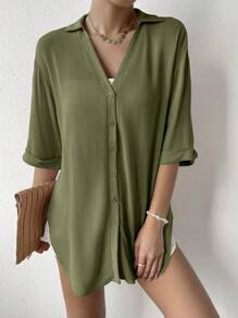 SHEIN Essnce Áo sơ mi nữ Nút phía trước màu trơn Giải trí - màu xanh lá - Xem 4