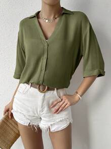 SHEIN Essnce Áo sơ mi nữ Nút phía trước màu trơn Giải trí - màu xanh lá - Xem 5