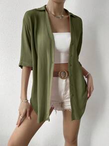 SHEIN Essnce Áo sơ mi nữ Nút phía trước màu trơn Giải trí - màu xanh lá - Xem 6