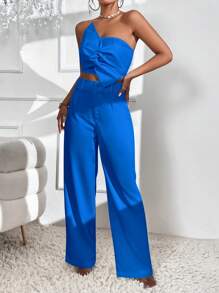Firerie Twist Front Crop Top & Wide Leg Trousers - Blue - View 1