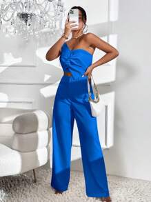 Firerie Twist Front Crop Top & Wide Leg Trousers - Blue - View 3