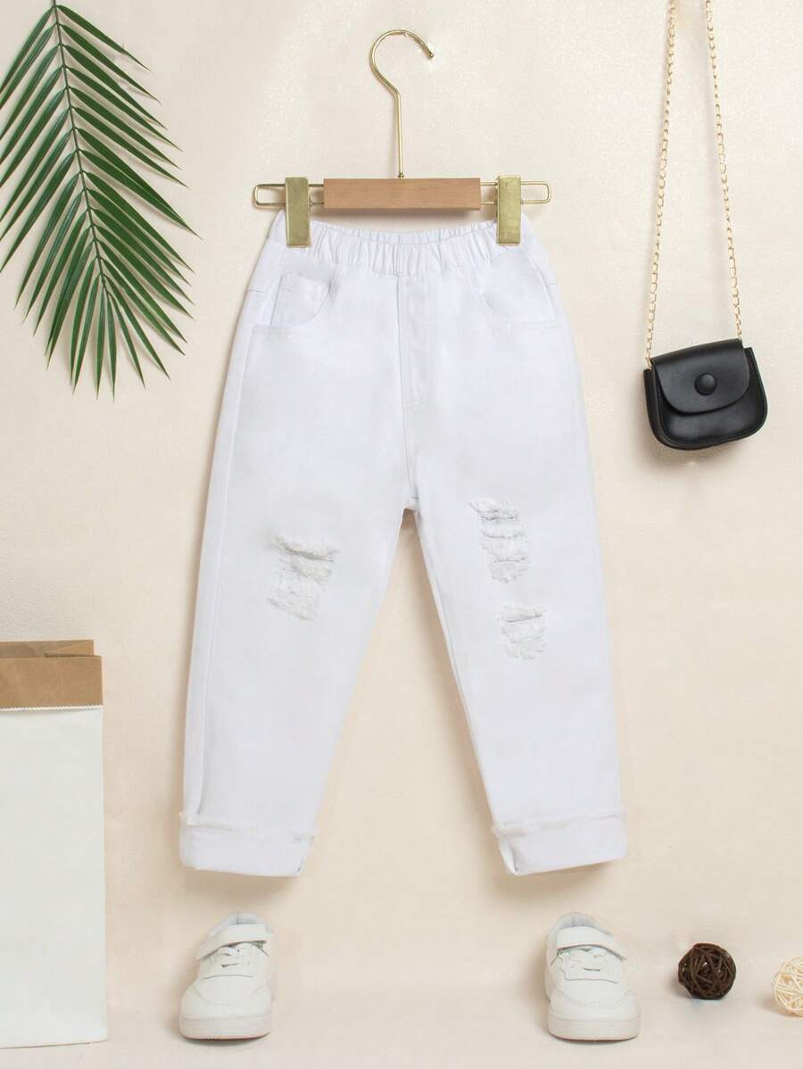 Toddler Girls Solid Ripped Elastic Waist Jeans - White - View 1
