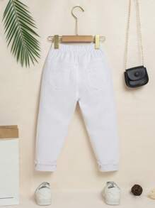 Toddler Girls Solid Ripped Elastic Waist Jeans - White - View 2