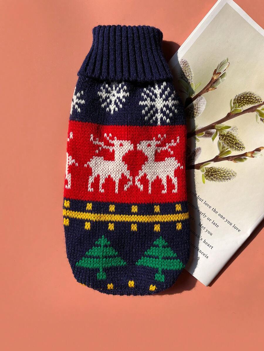 1 件海军蓝鹿与流淌的小溪印花可爱宠物毛衣 - 彩色 - 查看 1