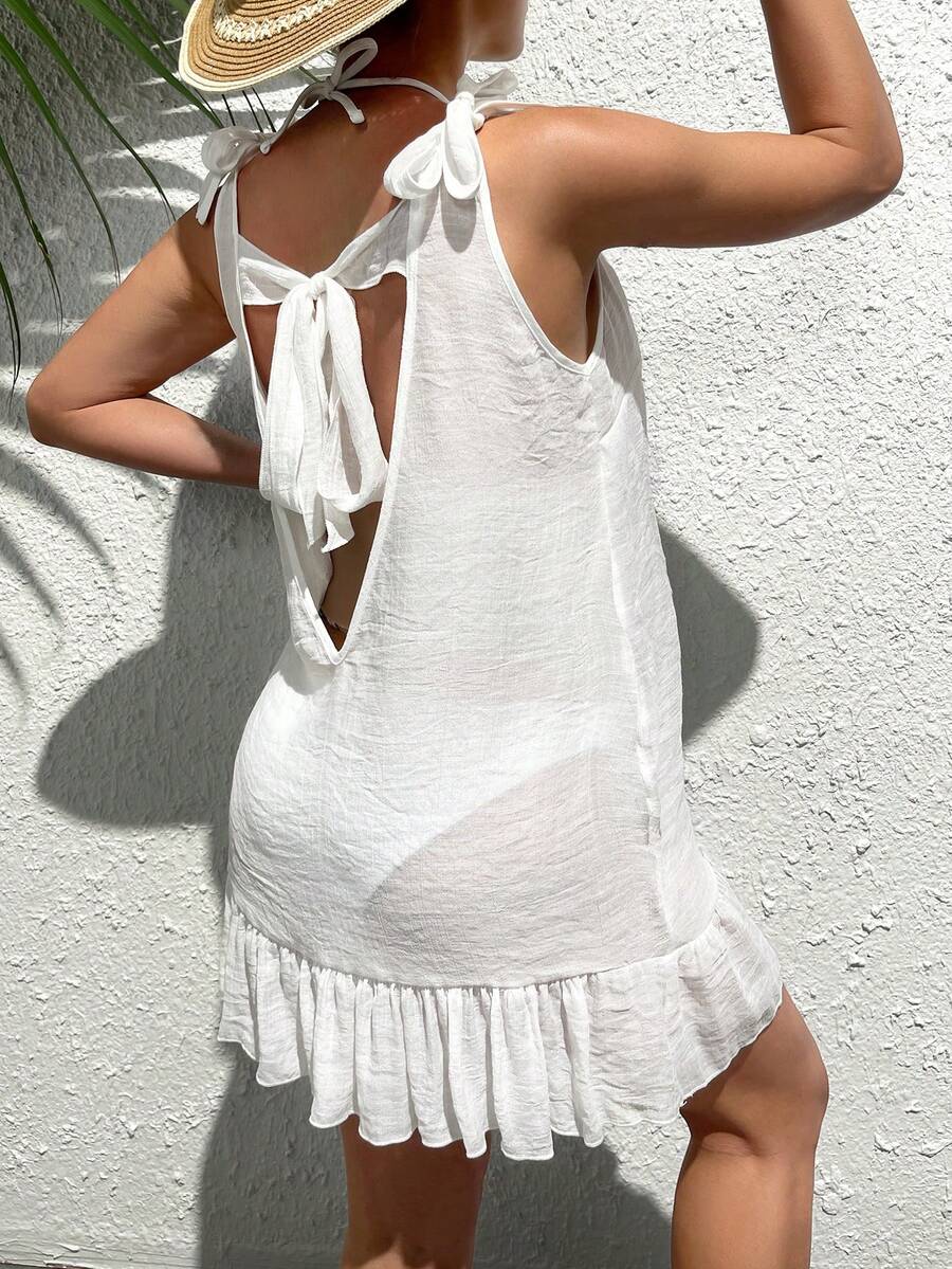 SHEIN Váy bầu mùa hè hở vai xếp nếp hở lưng đi biển không có bikini - trắng - Xem 1