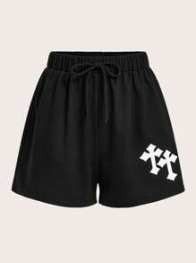 ROMWE Grunge Punk 交叉印花腰部抽繩短褲 - 黑色 - 查看 5