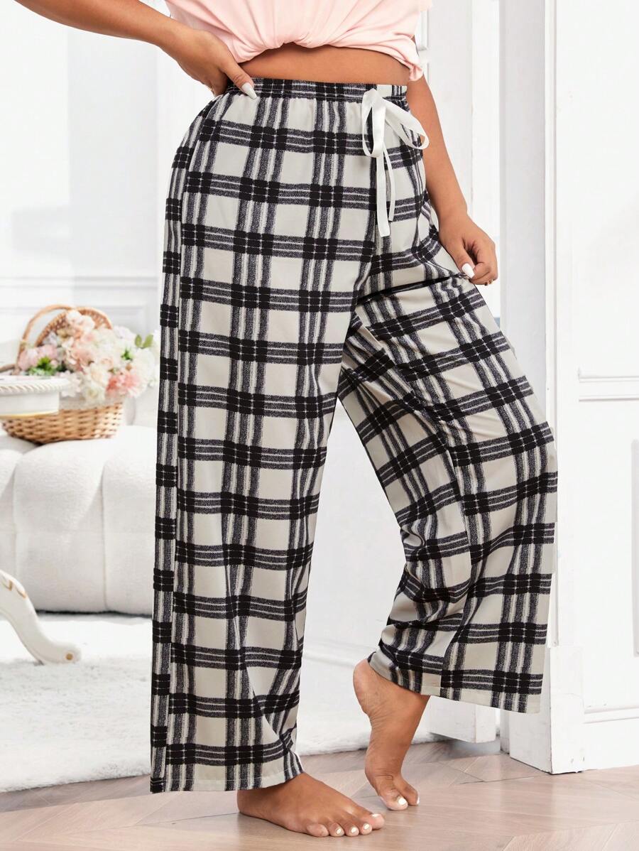 Quần Ngủ Kích Thước Lớn Thắt nút Sọc ca rô Giải trí - Đen và trắng - Xem 1