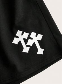 ROMWE Grunge Punk 交叉印花腰部抽繩短褲 - 黑色 - 查看 3