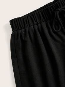 ROMWE Grunge Punk 交叉印花腰部抽繩短褲 - 黑色 - 查看 4