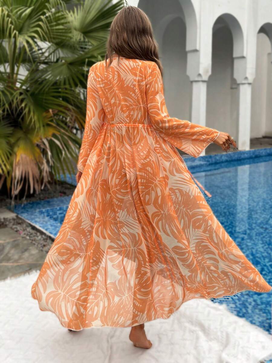 SHEIN Tropical Print Drawstring Waist Kimono, For Summer Beach Vacation - Orange - View 1