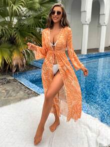 SHEIN Tropical Print Drawstring Waist Kimono, For Summer Beach Vacation - Orange - View 6