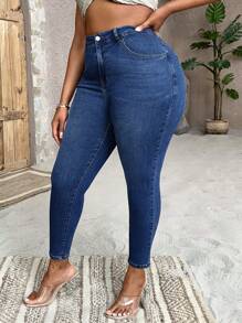 SHEIN SXY Quần Denim kích thước lớn Nút Túi Dây kéo màu trơn - Rửa tối - Xem 2