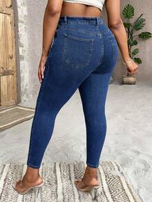 SHEIN SXY Quần Denim kích thước lớn Nút Túi Dây kéo màu trơn - Rửa tối - Xem 3