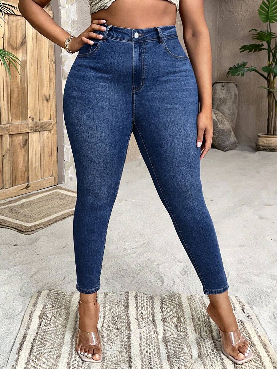 SHEIN SXY Quần Denim kích thước lớn Nút Túi Dây kéo màu trơn - Rửa tối - Xem 1
