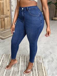 SHEIN SXY Quần Denim kích thước lớn Nút Túi Dây kéo màu trơn - Rửa tối - Xem 5