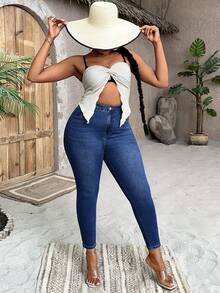 SHEIN SXY Quần Denim kích thước lớn Nút Túi Dây kéo màu trơn - Rửa tối - Xem 6