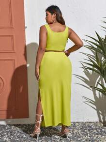 Dreamara Plus Twist Front Crop Tank Top & Split Thigh Skirt - Lime Green - View 2