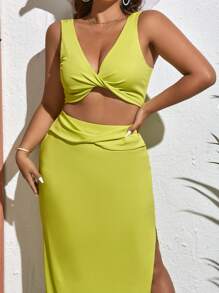 Dreamara Plus Twist Front Crop Tank Top & Split Thigh Skirt - Lime Green - View 5